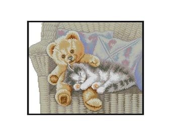 Kitten Cat Teddy Bear Sofa Toys Counted Cross stitch Instant Download PDF Pattern