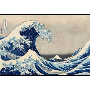 May include: A woodblock print depicting a large wave crashing over a boat with Mount Fuji in the background. The wave is blue and white, and the sky is a light blue. The print is titled "The Great Wave off Kanagawa" in Japanese.