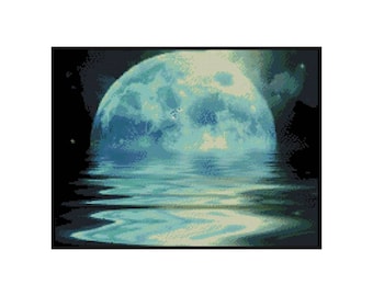 Blue Full Moon Ocean Sea Nature Counted Cross stitch Instant Download PDF Pattern