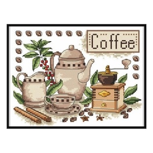 May include: A cross-stitch pattern featuring a coffee pot, creamer, cup, and grinder. The design includes coffee beans, cinnamon sticks, and star anise. The word "Coffee" is stitched in a banner above the items.