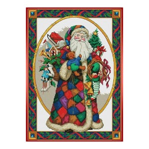 May include: A colorful cross-stitch pattern of Santa Claus holding a teddy bear and a bag of toys. The background is a white oval with a green and gold border.