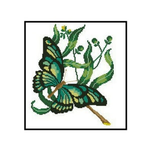 Green Butterfly Insects Flowers Nature Embroidery Counted Cross stitch Instant Download PDF Pattern