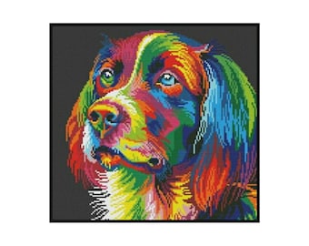 Puede incluir: Una pintura abstracta colorida de la cabeza de un perro. El pelo del perro está pintado en tonos de rojo, naranja, amarillo, verde, azul y morado. Los ojos del perro son azules y verdes.