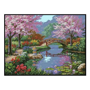 Oriental Japanese Garden Bridge Sakura Cherry Blossom Counted Cross stitch Instant Download PDF Pattern