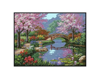 Oriental Japanese Garden Bridge Sakura Cherry Blossom Counted Cross stitch Instant Download PDF Pattern