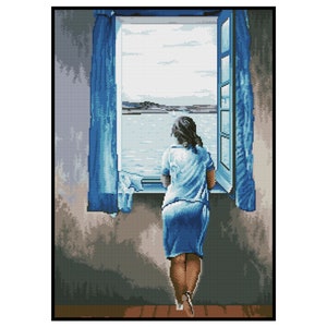 Blue Window Woman Ocean Sea Borduursel Geteld Kruissteek Instant Download PDF-patroon