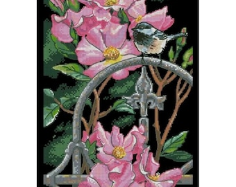 Chikadee Bird & Pink Flowers Cross Stitch Pattern (PDF Download)