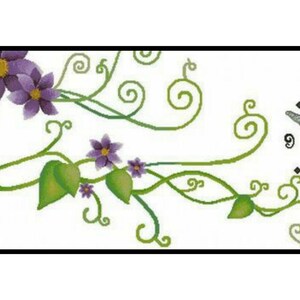 May include: A white background with a purple flower and green vines with a butterfly in the center. The numbers 12, 9, 6, and 3 are visible around the butterfly.