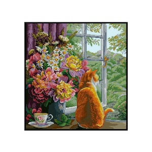 Ginger Cat and Flowers Cross Stitch Pattern (PDF Download)