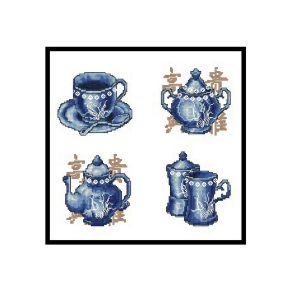 Blue Tea Cup Kettle Sampler Kitchen Embroidery Counted Cross stitch Instant Download PDF Pattern