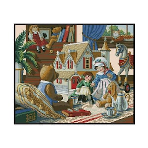 Poppenhuis Tea Party Doll Stuff Toys geteld kruissteek Instant download pdf-patroon