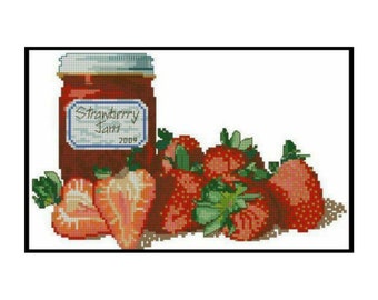 Confiture de fraises, garniture, fruits, nourriture, nature morte, compté, point de croix, téléchargement immédiat, modèle PDF