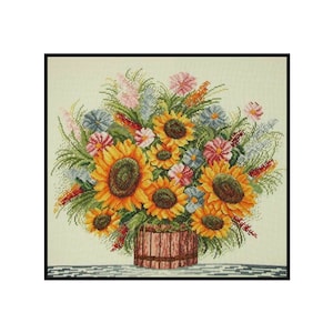 Bouquet Sunflowers Plants Flowers Pot Nature Counted Cross stitch Instant Download PDF Pattern