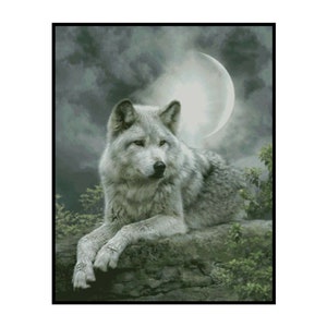 May include: A white wolf with gray fur sits on a rock ledge under a crescent moon. The wolf is looking to the left of the image. The background is a dark gray sky with clouds.