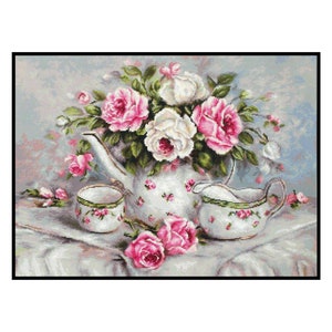 English Tea Set Cup White Pink Table Rose Flowers Floral Counted Cross stitch Instant Download PDF Pattern image 1