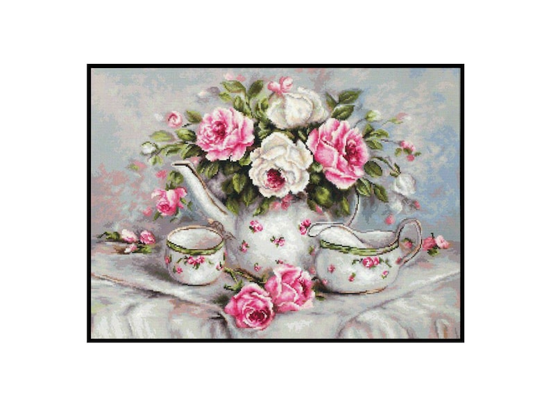 English Tea Set Cup White Pink Table Rose Flowers Floral Counted Cross stitch Instant Download PDF Pattern image 1