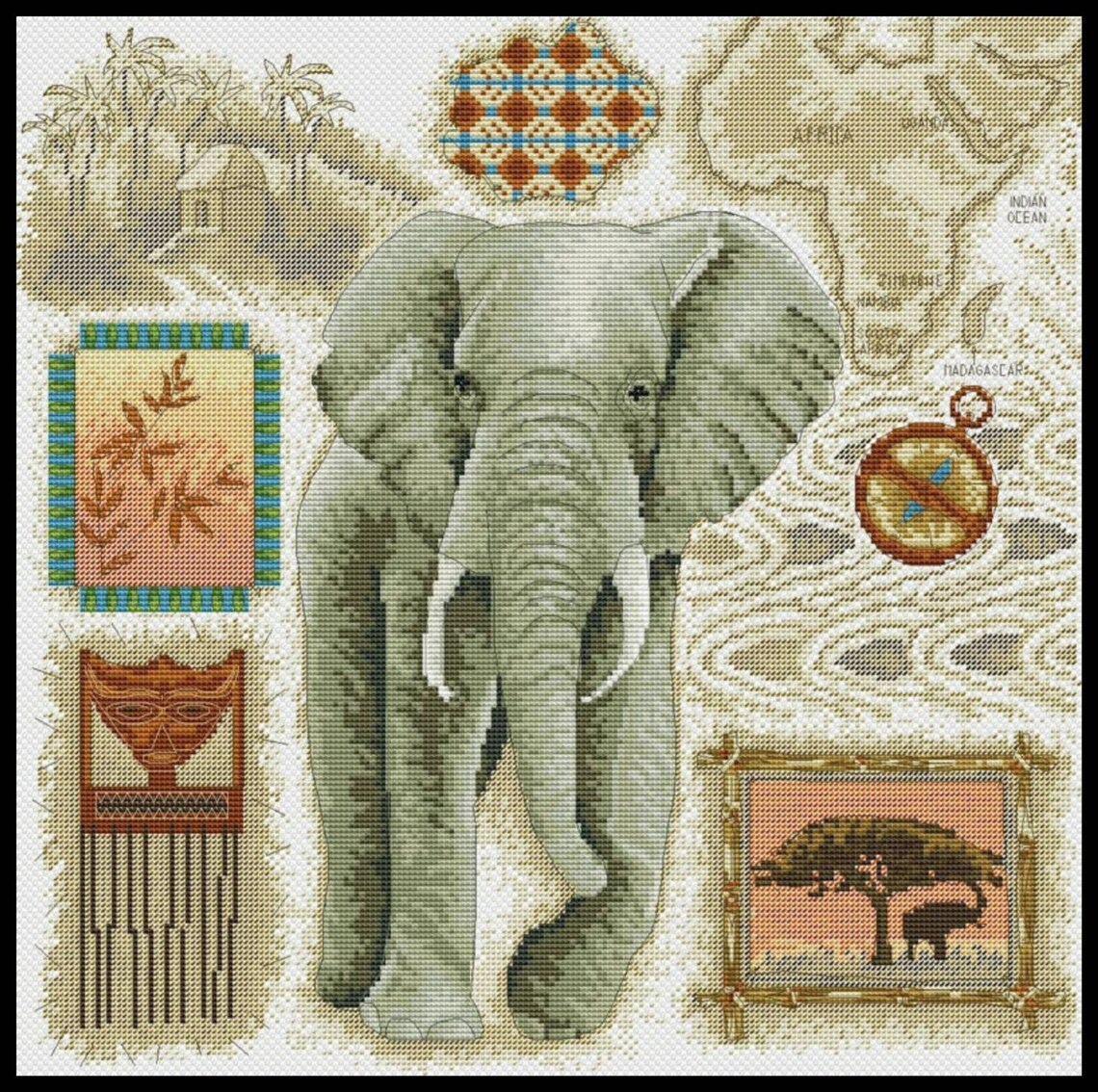 Elephant Wildlife Map Animals Forest Sampler Embroidery Counted CROSS ...