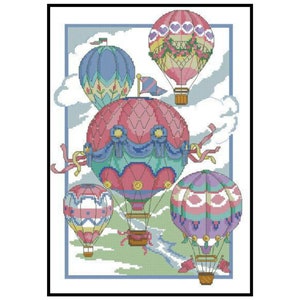 May include: A cross-stitch pattern featuring five colorful hot air balloons with different designs, flying in a blue sky with white clouds. The balloons are pink, blue, purple, and white with various patterns and details.
