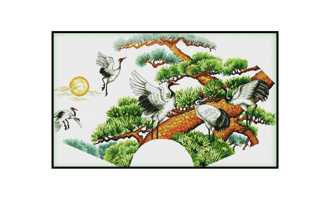 Crane and Pine Tree Cross Stitch Pattern: Oriental Embroidery (PDF ...