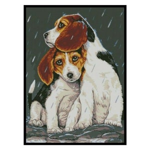 May include: Two beagle puppies huddle together in the rain. The puppy in the foreground is brown, black, and white, while the puppy in the background is brown, black, and white. The puppies are looking at the viewer with sad eyes.