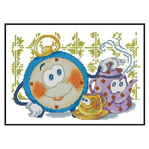 Funny Humor Clock Kettle Cup Tea Set Embroidery Counted Cross stitch Instant Download PDF Pattern