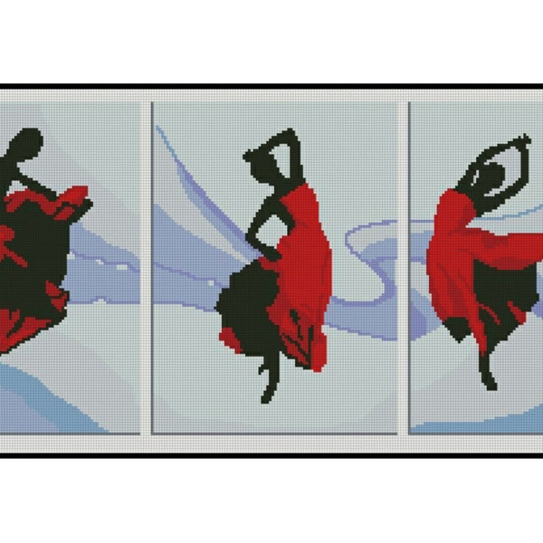 Red Dress Lady Dance Monochrome Silhouette Panel Embroidery Counted Cross stitch Instant Download PDF Pattern