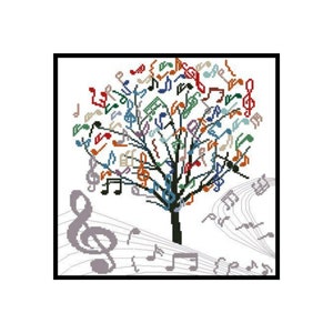 Colourful Arts Music Notes Tree Embroidery Counted Cross stitch Instant Download Pattern