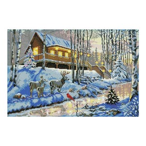 Christmas Holiday Evening Winter Woods Cabin Counted Cross stitch Instant Download PDF Pattern