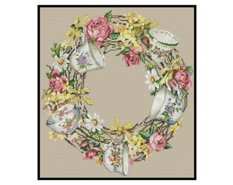 Teacup Flowers Wreath Nature Counted Cross stitch Instant Download PDF Pattern