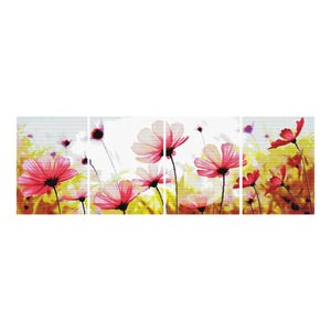 May include: A multi-panel canvas print featuring a watercolor painting of pink and white flowers with yellow and green foliage.