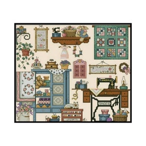 Antique Sewing Room Materials Sampler Counted Cross stitch Instant Download PDF Pattern