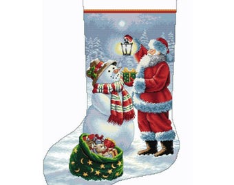 Christmas Stocking Cross Stitch Pattern: Santa, Snowman, Gifts (PDF Download)