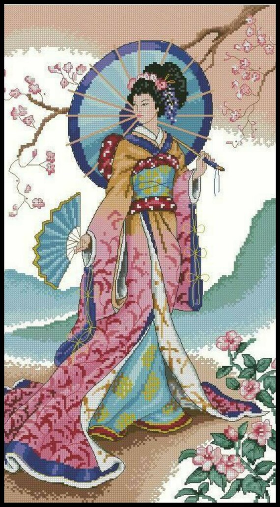 飾り絵　kimono woman Girls in kimono with light blue - Stock Illustration
