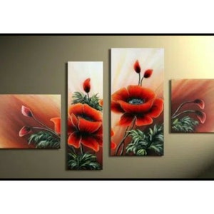 May include: A multi-panel canvas painting featuring red poppies with green leaves and stems against a white and brown background.