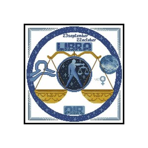 May include: A blue and gold zodiac sign for Libra, the scales. The sign includes the dates September 23 to October 22, the word "LIBRA" in large letters, and the element "AIR".