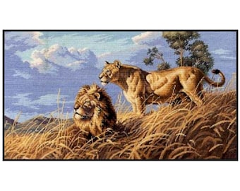 African Wildlife Animals Lion Field Nature Counted Cross stitch Instant Download PDF Pattern