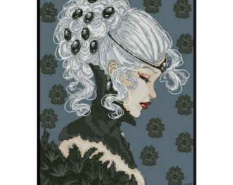 Elegant Lady Feather Black Dress Embroidery Counted Cross stitch Instant Download PDF Pattern