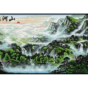 Oriental Mountain Forest Waterfalls Landscape Nature Counted Cross stitch Instant Download PDF Pattern