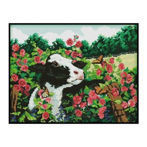 Cow Farmyard Animals Flowers Field Embroidery Counted Cross stitch Instant Download PDF Pattern