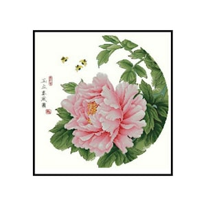 Oriental Chinese Pink Peony Flower Plants Counted Cross stitch Instant Download PDF Pattern