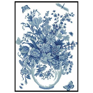 Blue Vase Flowers Floral Plants Counted Cross stitch Instant Download PDF Pattern