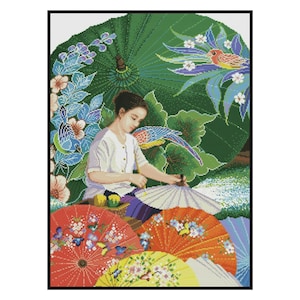 Traditionelles Thailand Parasol Gemälde Umbrella Maker Kreuzstich Instant Download PDF Pattern