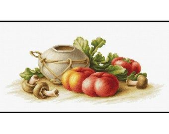 Still Life Mushroom Tomato Vegetables Kitchen Counted Cross stitch Instant Download PDF Pattern