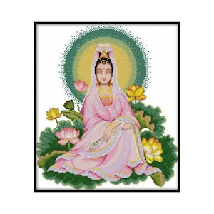 Goddess Mercy Religious Lotus Flowers Embroidery Counted Cross stitch Instant Download PDF Pattern
