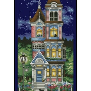 Victorian Charm House Night Scenery Counted Cross stitch Instant Download PDF Pattern
