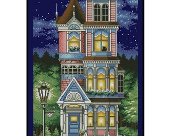 Victorian Charm House Night Scenery Counted Cross stitch Instant Download PDF Pattern