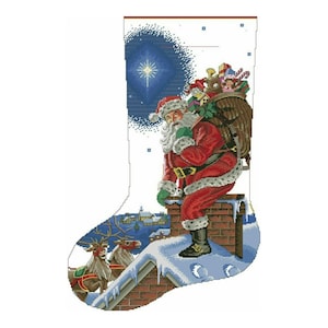 Rooftop Santa Claus Christmas Stocking Counted Cross stitch Instant Download PDF Pattern