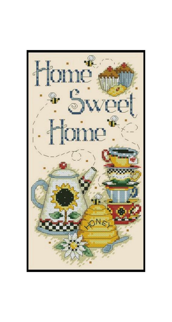 Home Sweet Home Honey Tea Set Cups Kettle Counted Cross Stitch Etsy