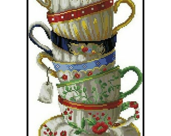 Stacked Teacups Cross Stitch Pattern: Kitchen Still Life (PDF Pattern)