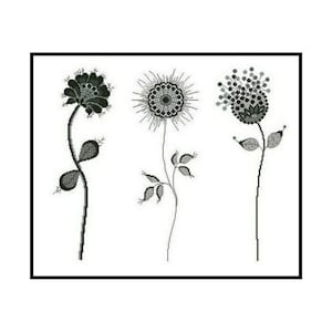 May include: Three black and white stylized floral designs with intricate details. The flowers are on white backgrounds.